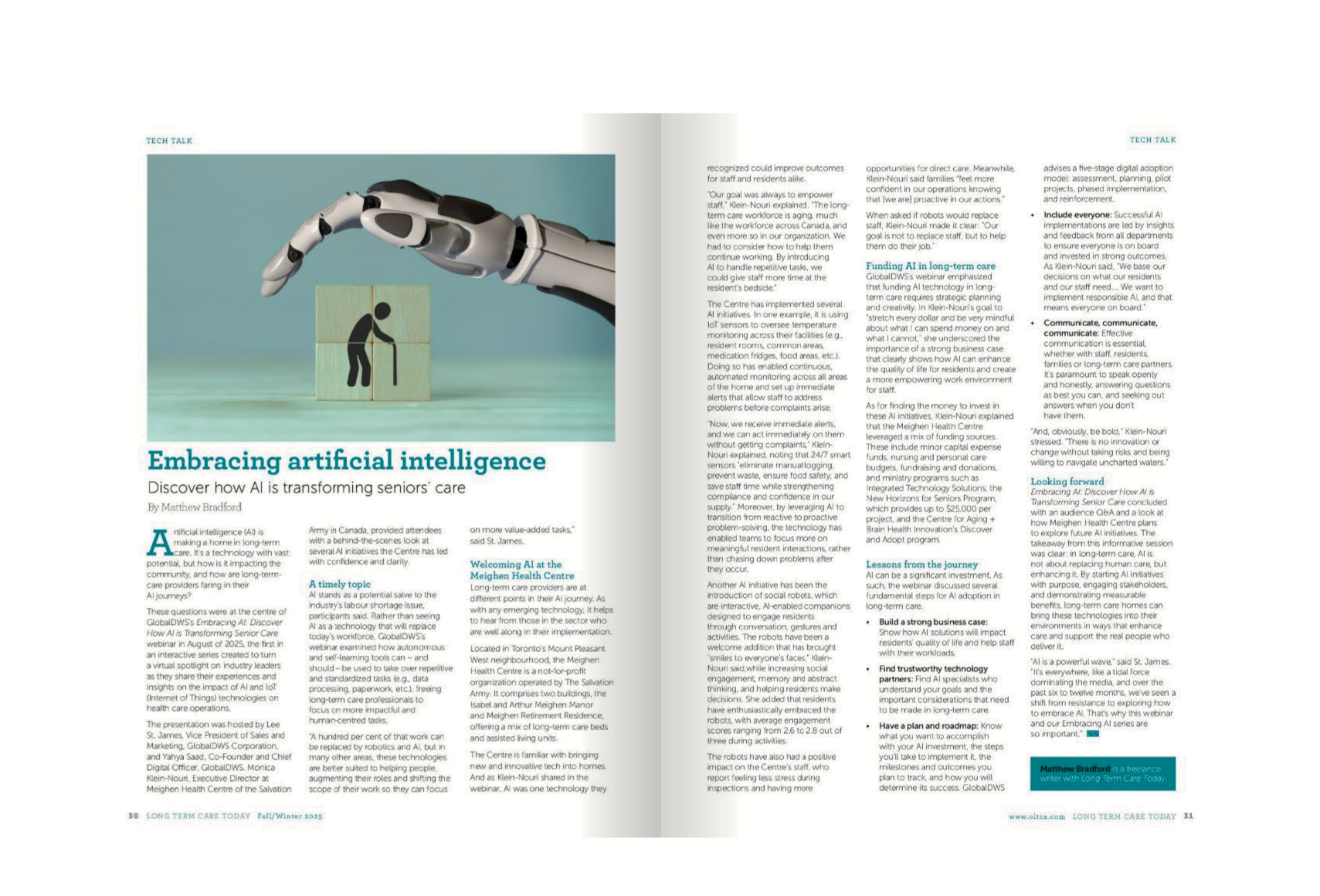 An open magazine spread from Long Term Care Today displaying an article titled Embracing artificial intelligence, featuring an illustration of a robotic hand reaching toward a silhouetted senior and several columns of printed text.
