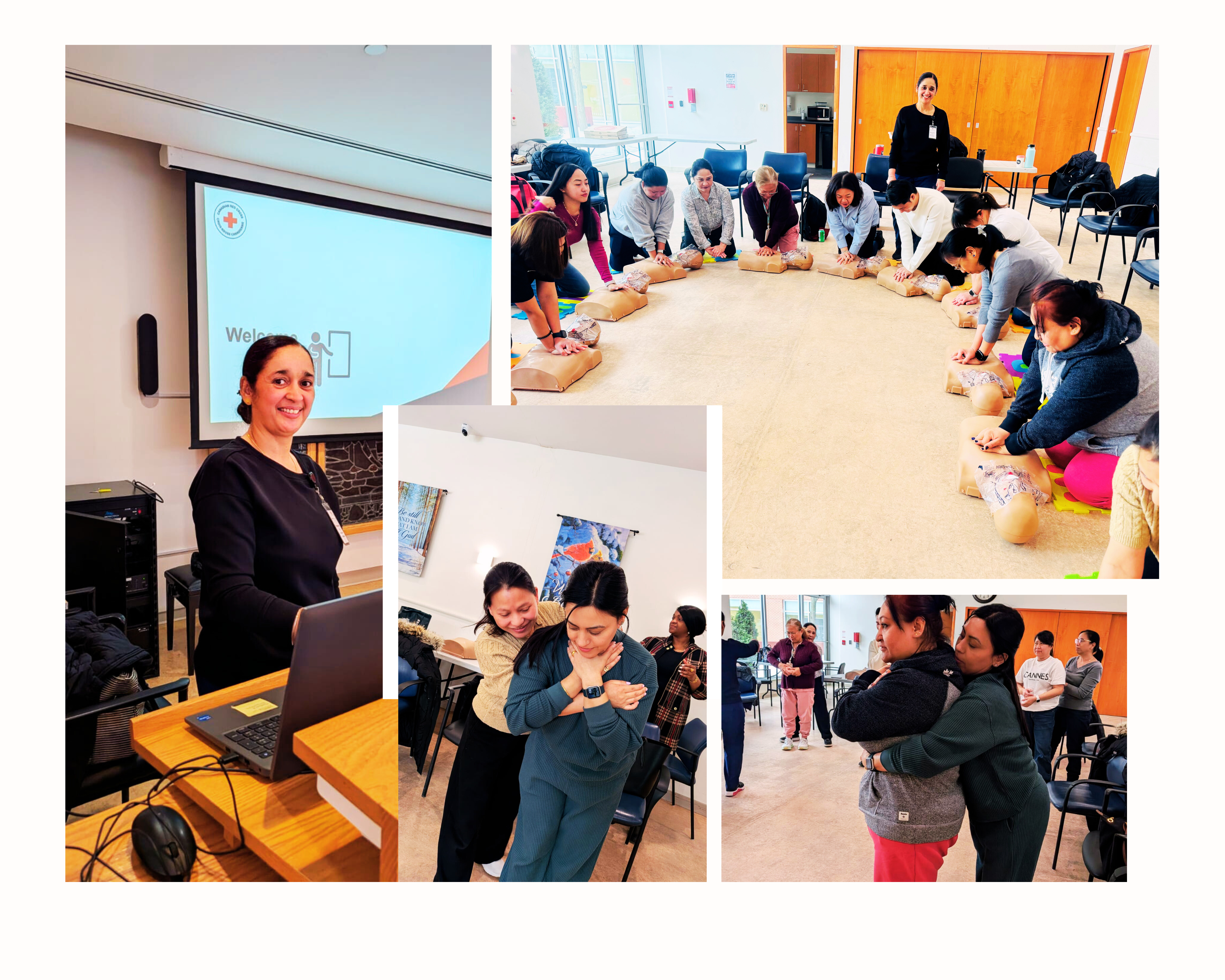 Collage of scenes from a Red Cross training session, including an instructor presenting at a screen with the Red Cross logo, participants practicing CPR on training mannequins in a circle, and attendees working in pairs on first-aid techniques.